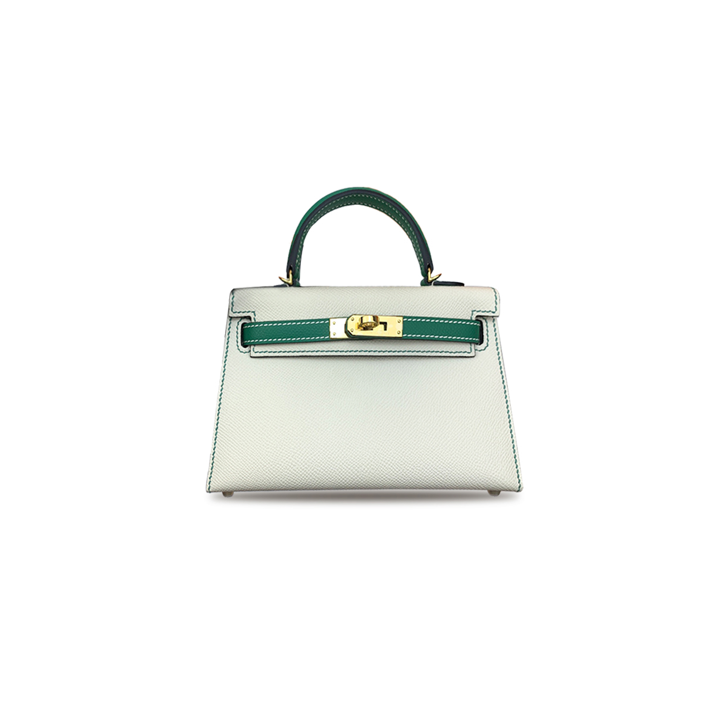 HERMÈS MINI KELLY II EPSOM MILKSHAKE WHITE WITH MALACHITE GREEN GOLD BUCKLE (19*12*5.5cm)